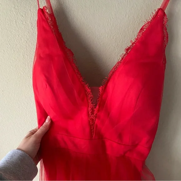 NWT PromGirl Long Open-Back Formal Tulle Prom Dress Red Deep Slit Sides Ballgown - Picture 5 of 9